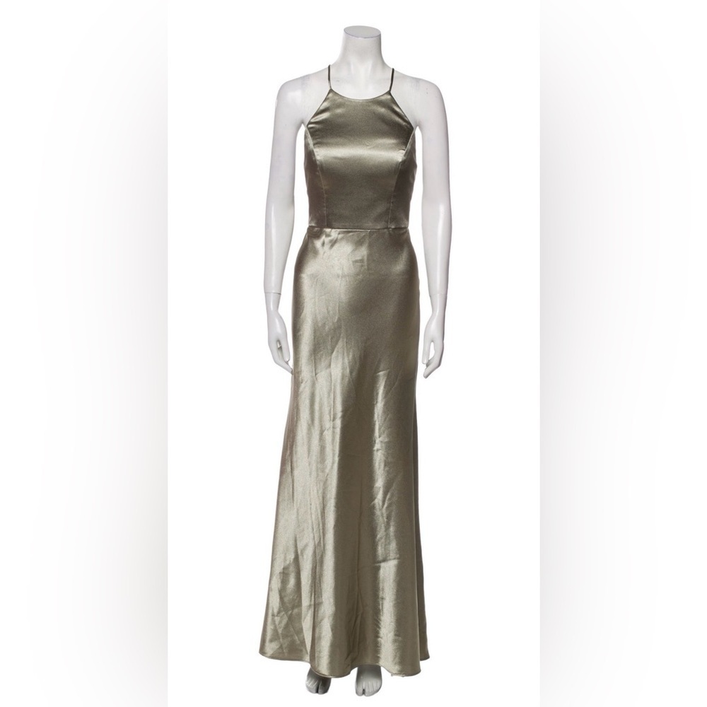 Jenny Yoo Silver Satin Halter Maxi Dress SZ 6 Formal Gown Elegant - Picture 3 of 10